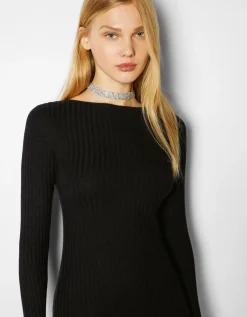BERSHKA Mini-robe manches longues bord-côte Gris Flash Sale
