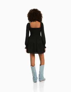 BERSHKA Mini-robe manches longues volume texturée Noir Online