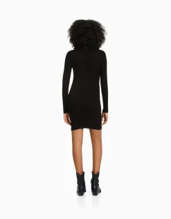 BERSHKA Mini-robe manches longues bord-côte Blanc cassé Online