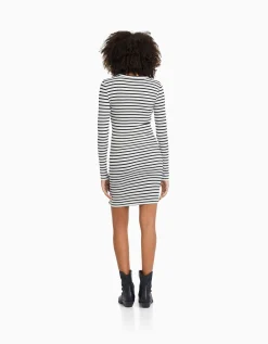 BERSHKA Mini-robe manches longues bord-côte Blanc cassé Online