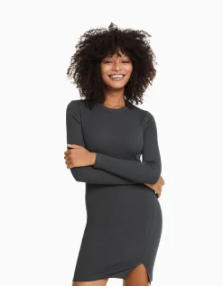 BERSHKA Mini-robe manches longues bord-côte Blanc cassé Outlet