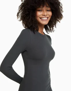 BERSHKA Mini-robe manches longues bord-côte Blanc cassé Outlet