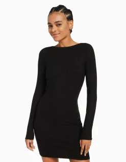 BERSHKA Mini-robe manches longues bord-côte Gris Flash Sale