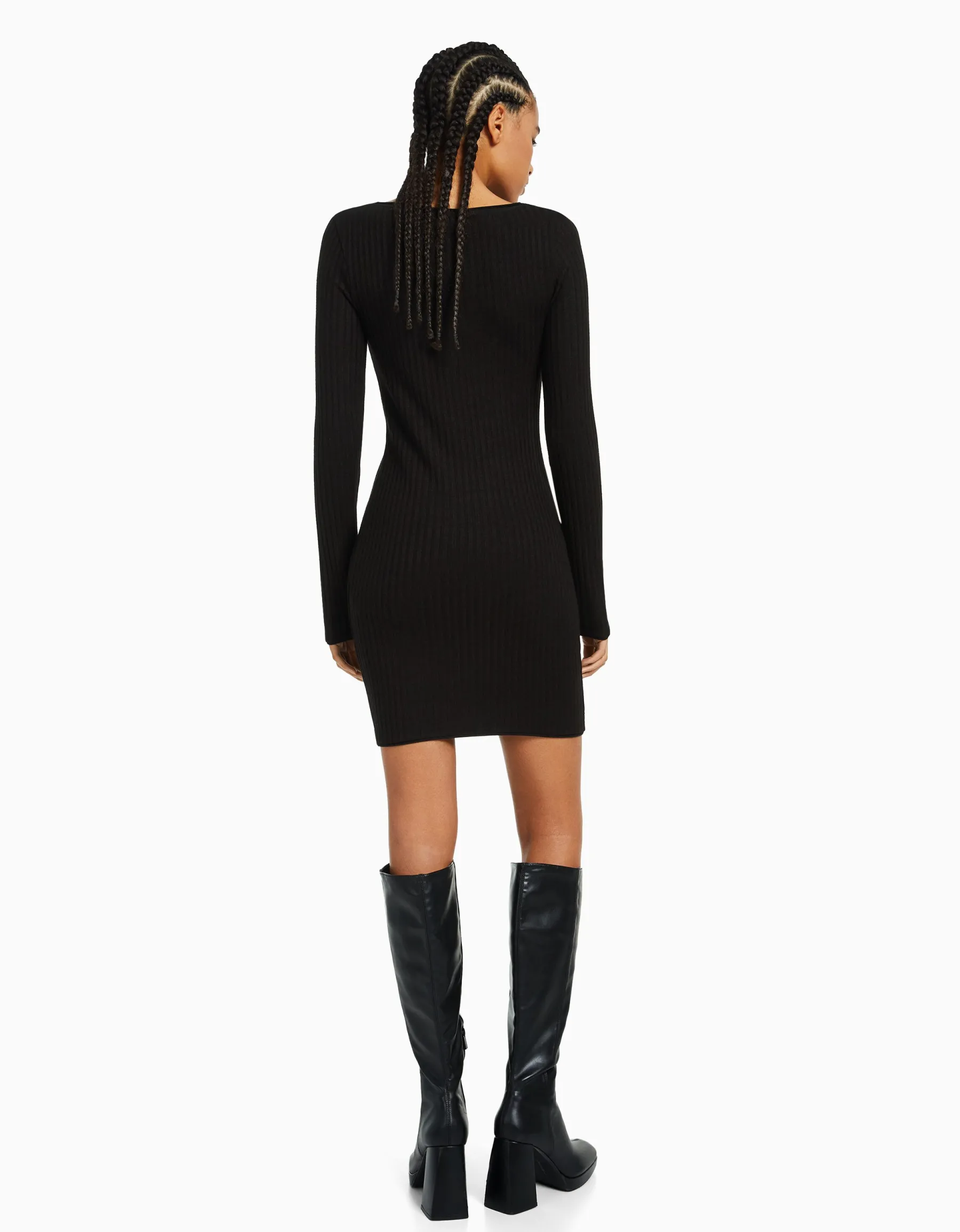 BERSHKA Mini-robe manches longues bord-côte Gris Flash Sale