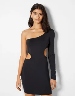 BERSHKA Mini-robe manches longues asymétrique cut out Marron Discount