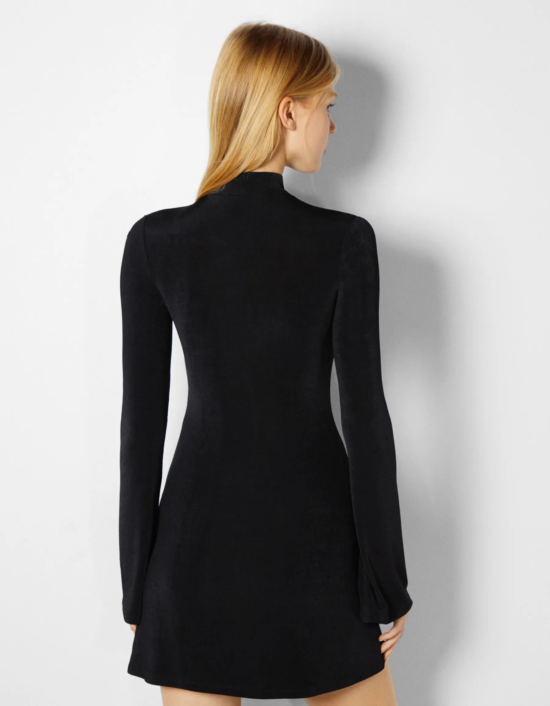 BERSHKA Mini-robe manches longues évasées col montant Noir New
