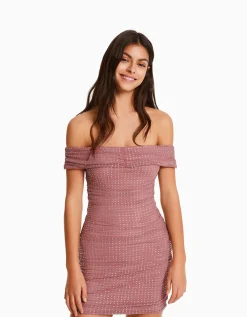 BERSHKA Mini-robe résille encolure bateau Rose Fashion