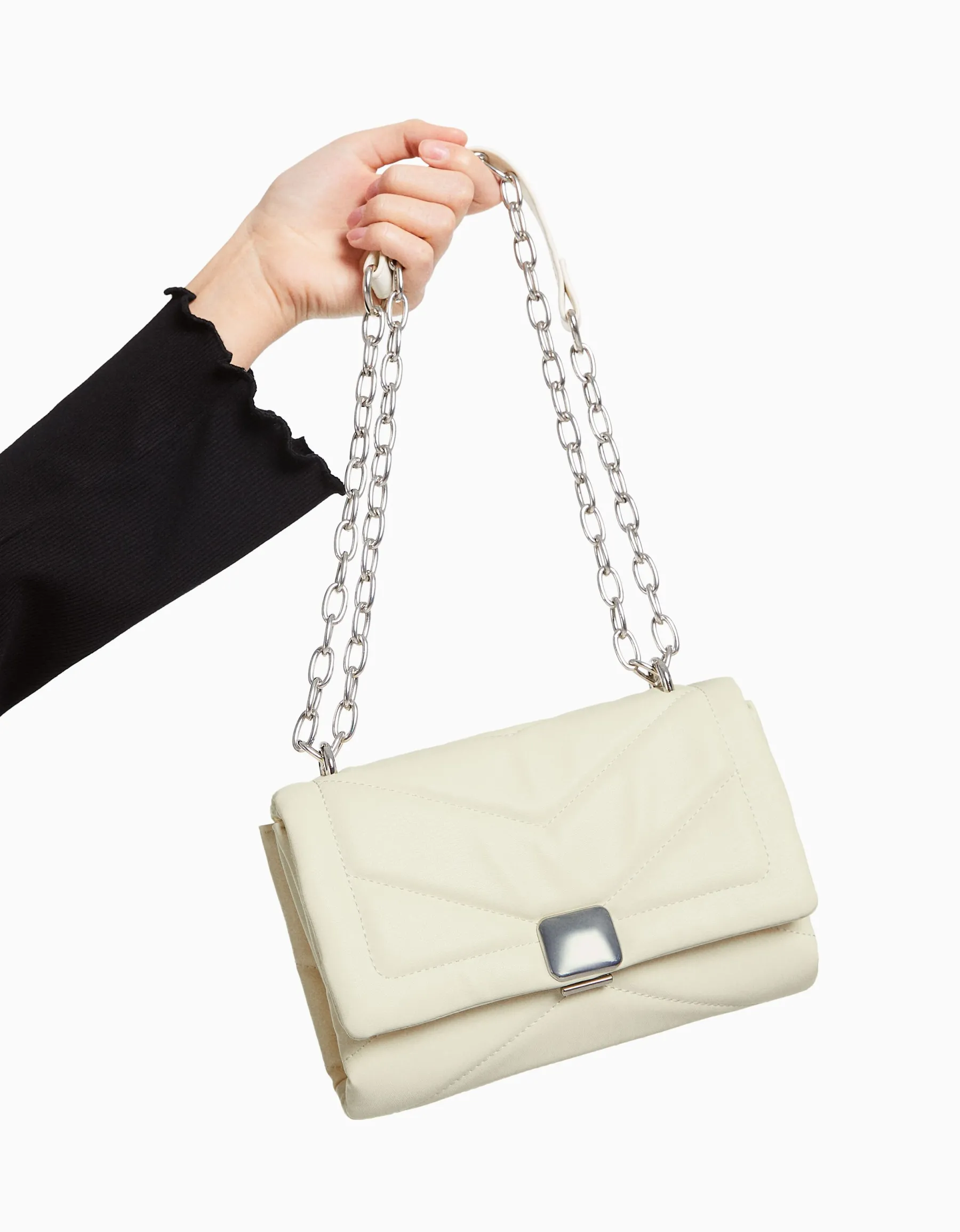 BERSHKA Mini-sac épaule matelassé chaîne Blanc Online