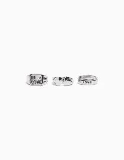 BERSHKA Pack 3 bagues love Argent Discount