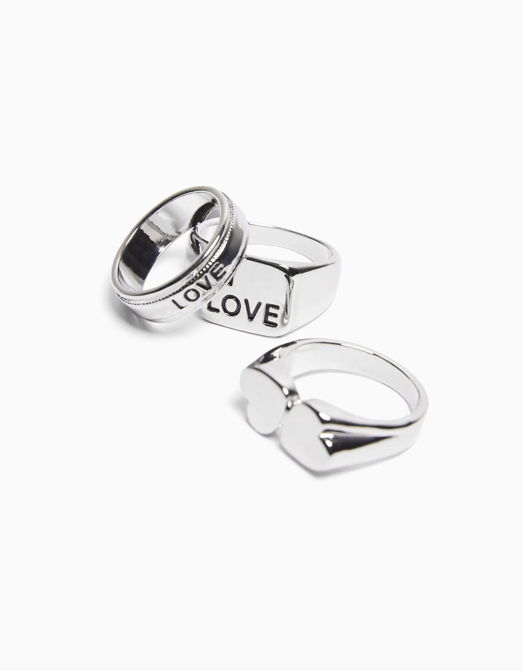 BERSHKA Pack 3 bagues love Argent Discount