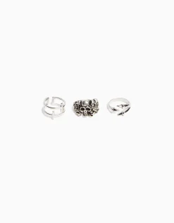 BERSHKA Pack 3 bagues tête de mort croix Argent Hot