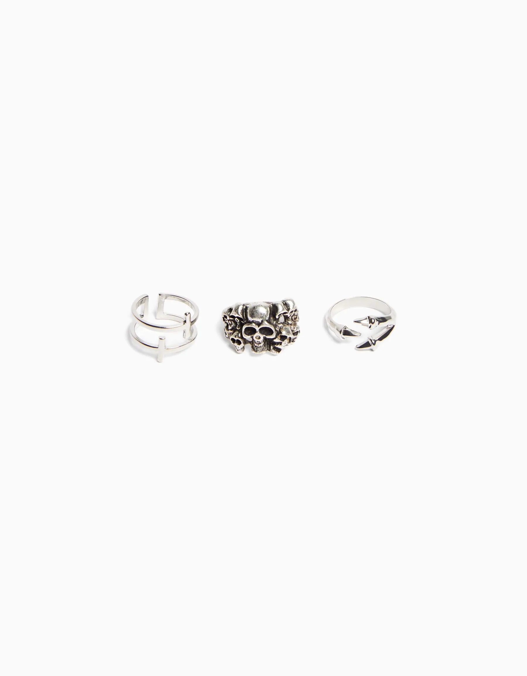 BERSHKA Pack 3 bagues tête de mort croix Argent Hot