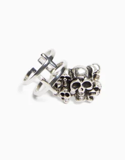 BERSHKA Pack 3 bagues tête de mort croix Argent Hot