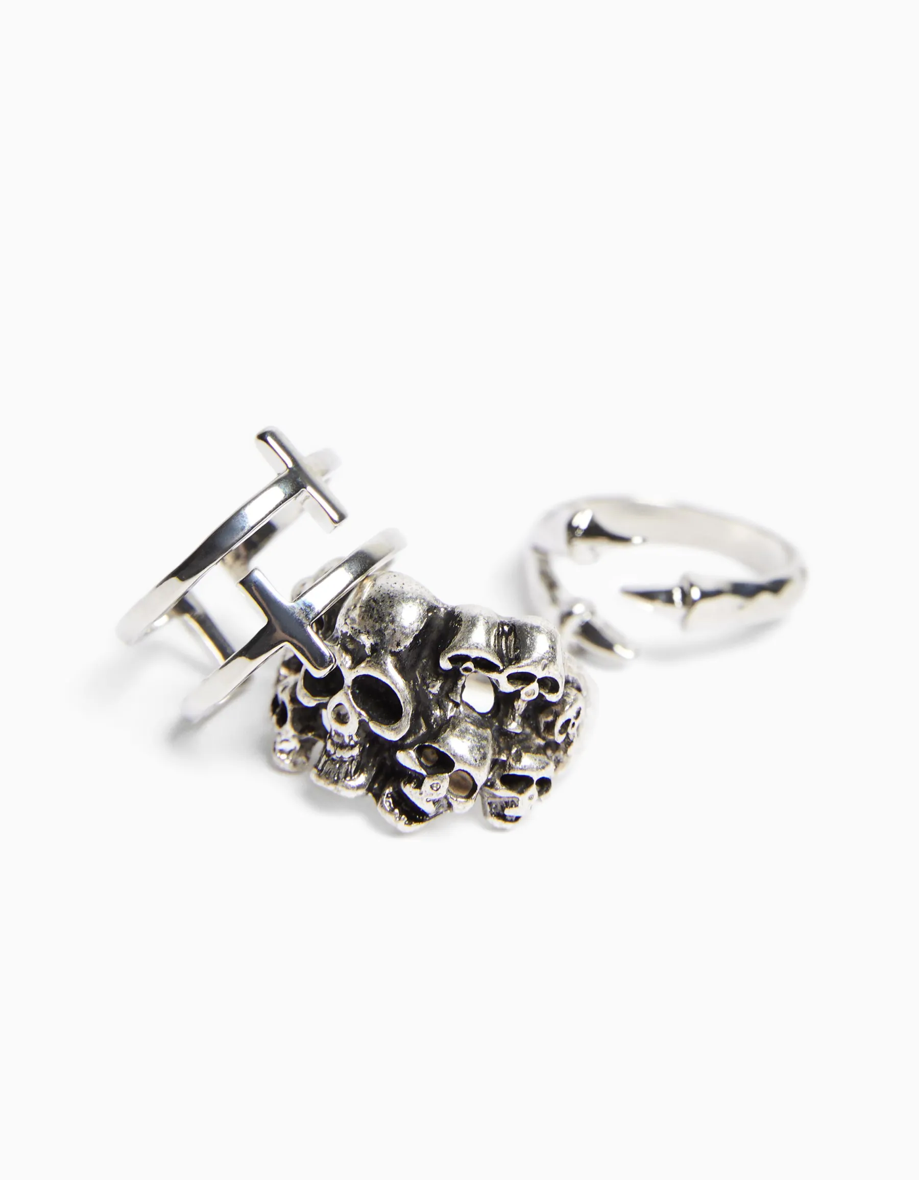 BERSHKA Pack 3 bagues tête de mort croix Argent Hot