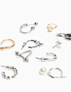 BERSHKA Pack 10 boucles d’oreilles anneau Argent Outlet