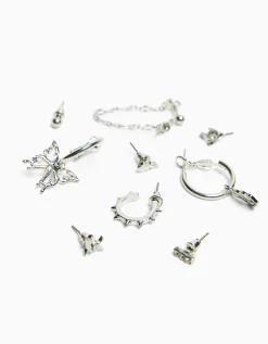 BERSHKA Pack 9 boucles d’oreilles ear cuff edgy Argent Fashion