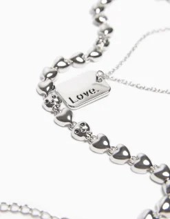 BERSHKA Pack 2 colliers cœur Argent Outlet
