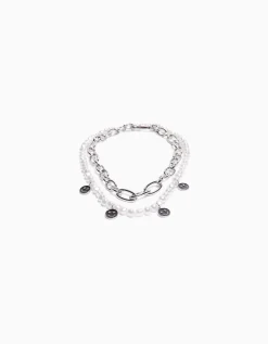 BERSHKA Pack 2 colliers perles fantaisie et maillons Argent Fashion