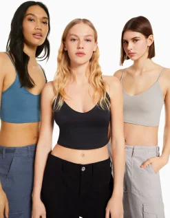 BERSHKA Pack 3 crop tops bretelles Multicouleur Discount