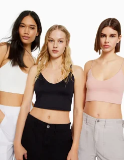 BERSHKA Pack 3 crop tops bretelles Multicouleur Outlet
