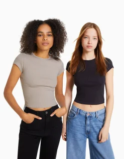 BERSHKA Pack 2 T-shirts manches courtes bord-côte Multicouleur Clearance