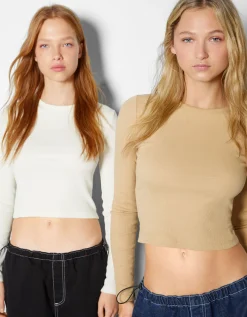 BERSHKA Pack 2 T-shirts manches longues bord-côte Multicouleur Shop