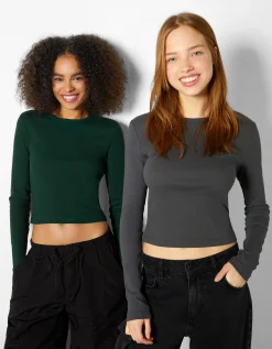 BERSHKA Pack 2 T-shirts manches longues bord-côte Multicouleur Discount