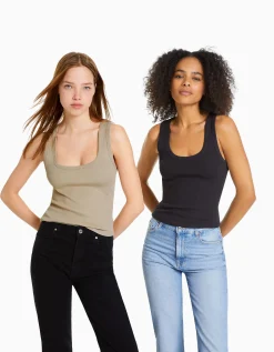BERSHKA Pack 2 T-shirts sans manches bord-côte Multicouleur Hot