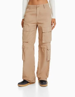 BERSHKA Pantalon cargo cordon Camel Hot