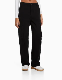 BERSHKA Pantalon cargo moulant serge multipoches Kaki Cheap