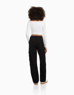 BERSHKA Pantalon cargo moulant serge multipoches Kaki Cheap