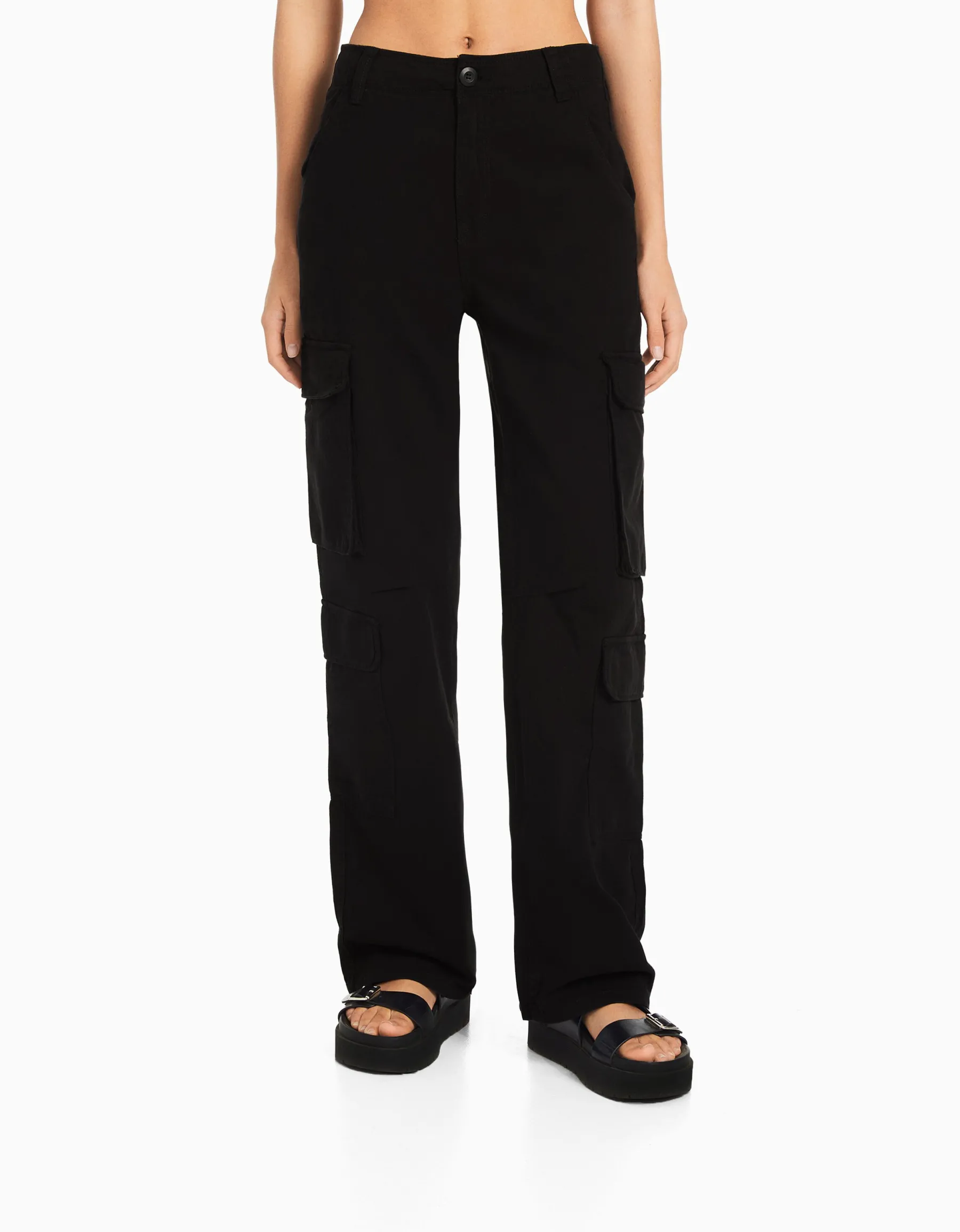 BERSHKA Pantalon cargo moulant serge multipoches Kaki New