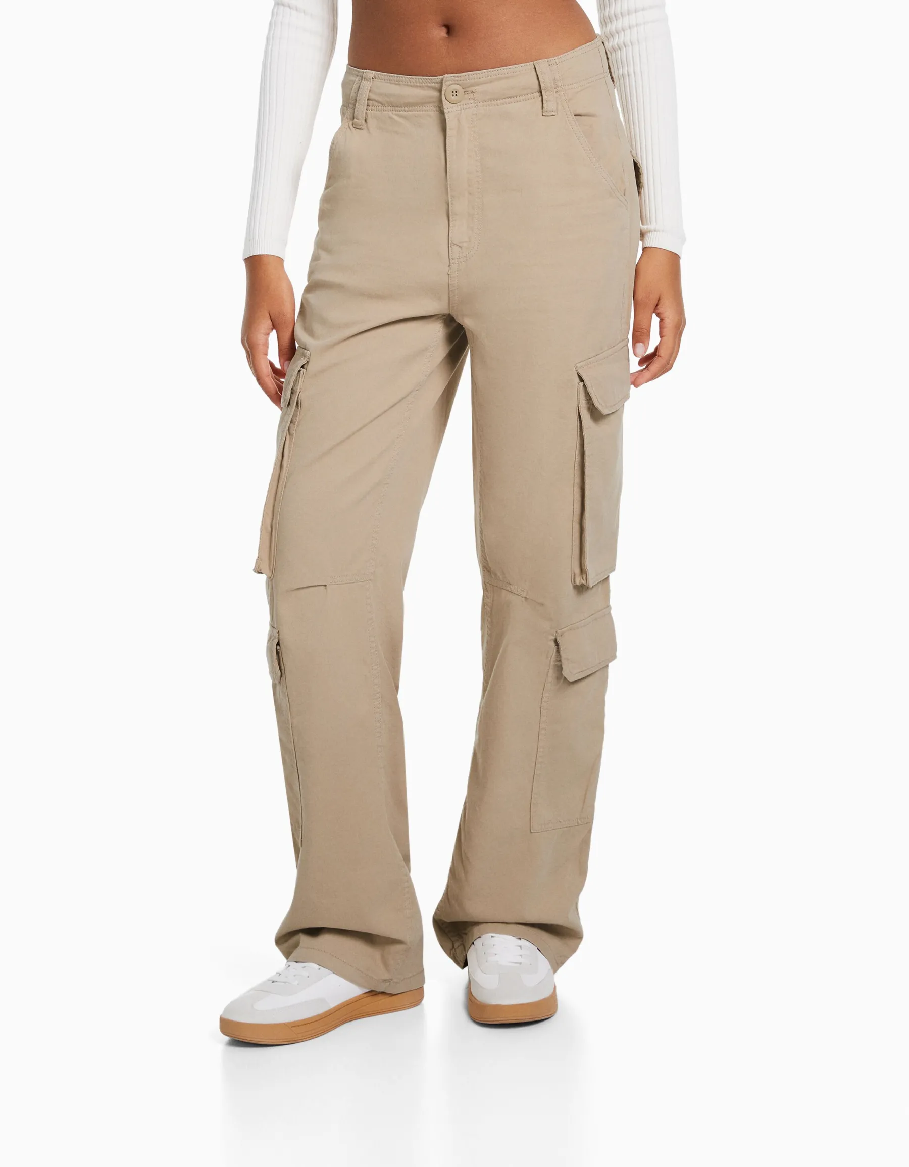 BERSHKA Pantalon cargo moulant serge multipoches Camel Best Sale