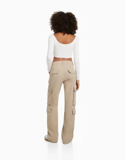 BERSHKA Pantalon cargo moulant serge multipoches Camel Best Sale