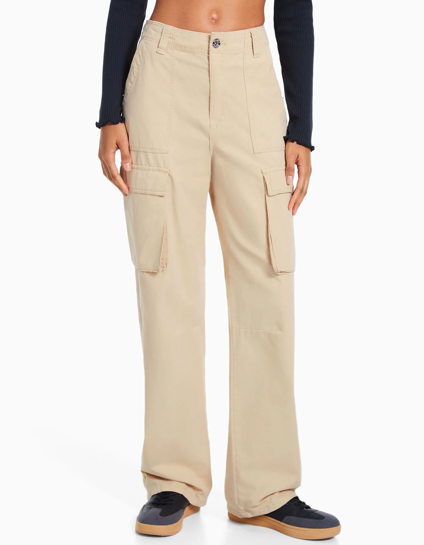 BERSHKA Pantalon cargo straight Noir Cheap