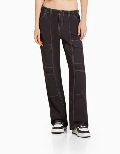 BERSHKA Pantalon cargo taille basse coton fil contraste Gris Cheap
