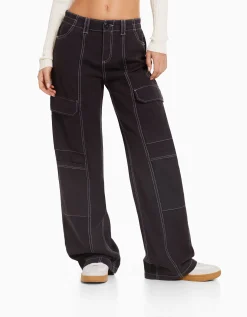 BERSHKA Pantalon cargo taille basse coton fil contraste Blanc cassé Shop
