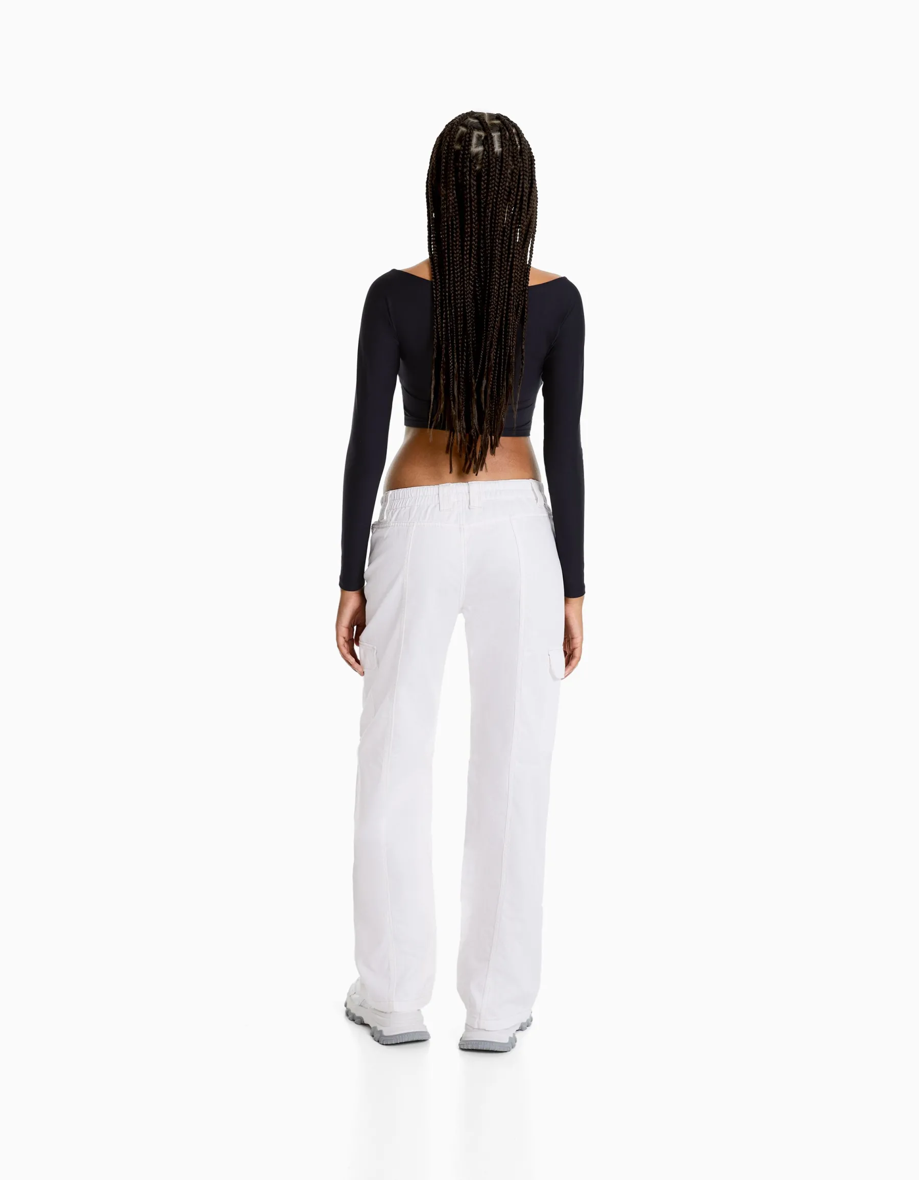 BERSHKA Pantalon cargo taille basse coton fil contraste Blanc cassé Outlet
