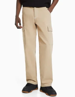 BERSHKA Pantalon cargo wide fil contraste Camel New