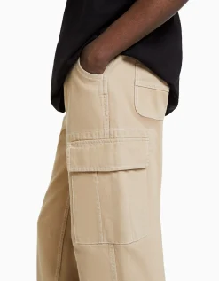 BERSHKA Pantalon cargo wide fil contraste Camel New