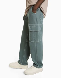 BERSHKA Pantalon cargo wide fil contraste Bleu Flash Sale