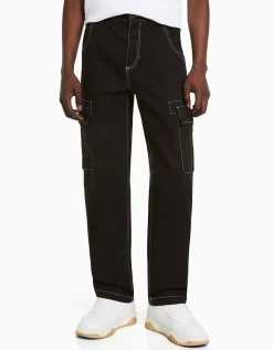 BERSHKA Pantalon cargo wide fil contraste Noir Best Sale
