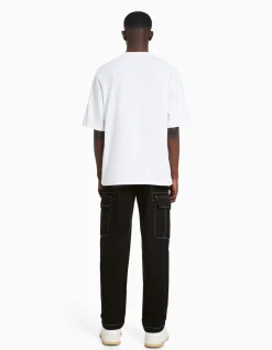 BERSHKA Pantalon cargo wide fil contraste Noir Best Sale