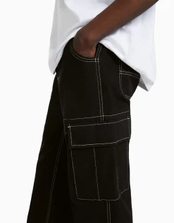 BERSHKA Pantalon cargo wide fil contraste Noir Best Sale