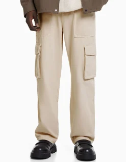 BERSHKA Pantalon cargo wide leg coton Écru Cheap