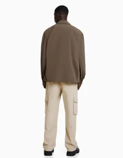 BERSHKA Pantalon cargo wide leg coton Écru Cheap