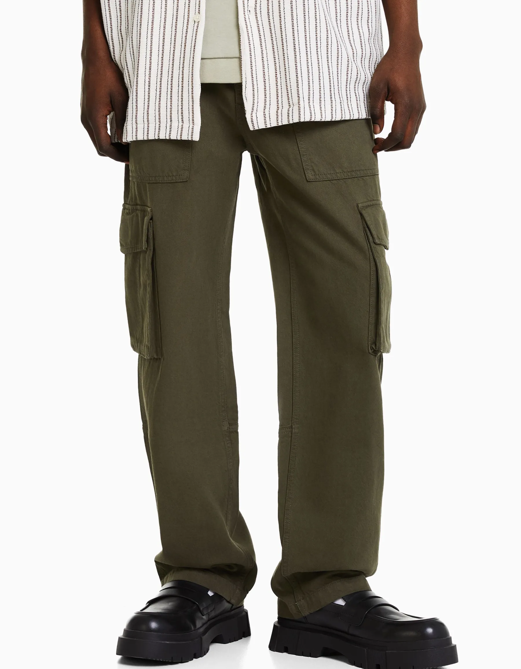 BERSHKA Pantalon cargo wide leg coton Noir Shop