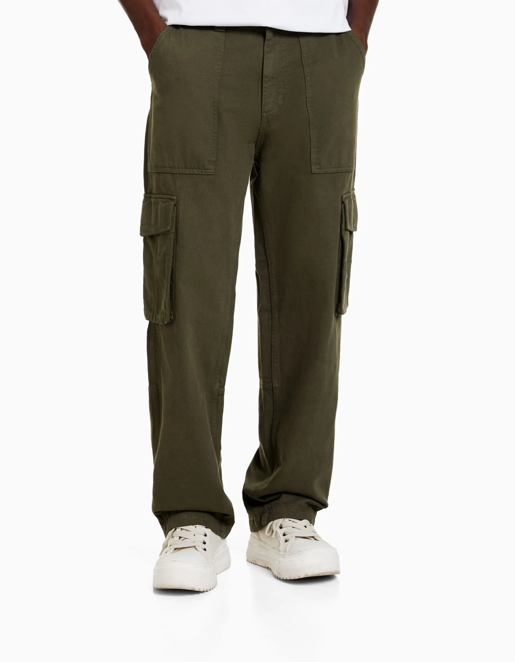 BERSHKA Pantalon cargo wide leg coton Noir Cheap