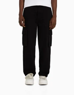 BERSHKA Pantalon cargo wide leg coton Noir Fashion