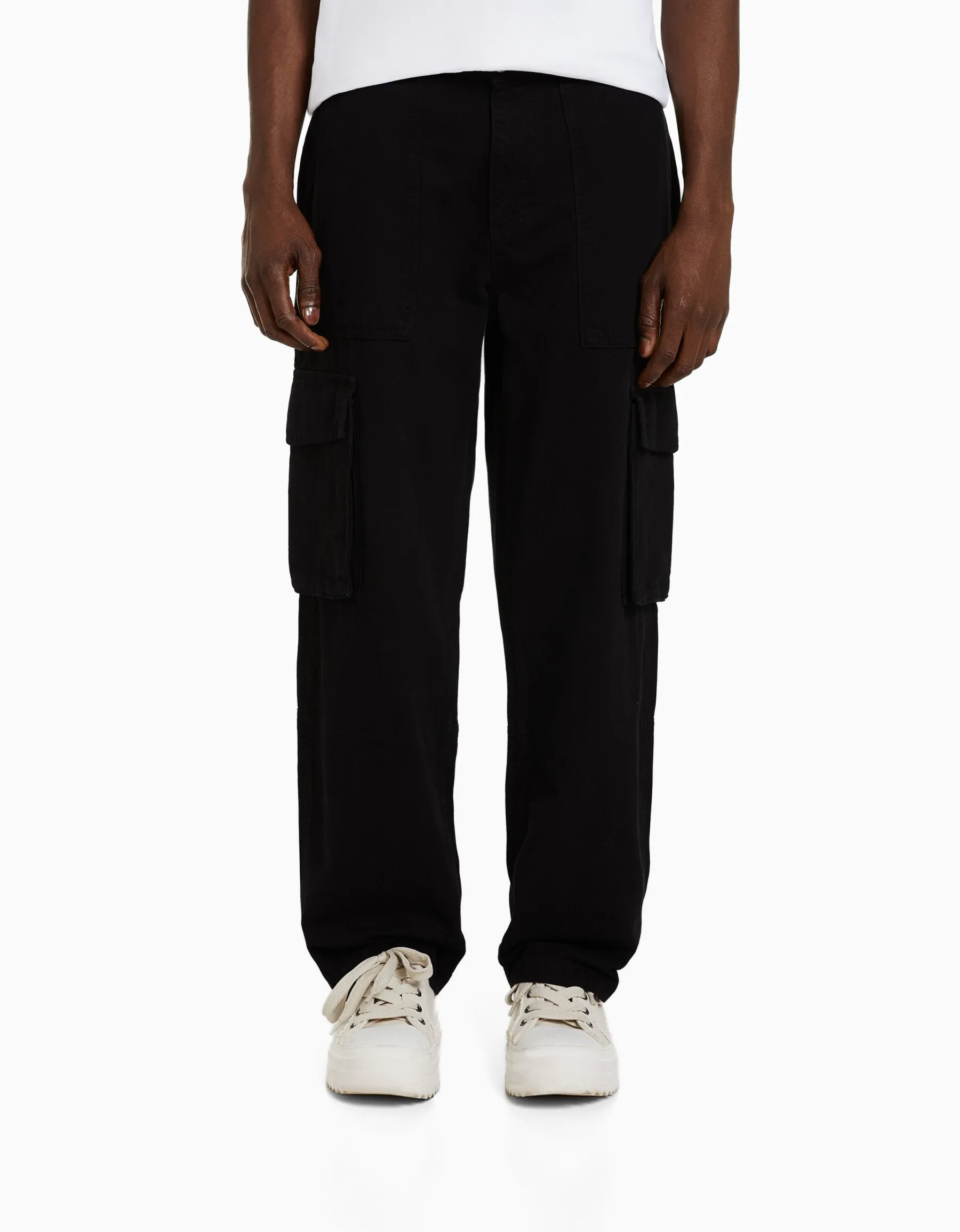 BERSHKA Pantalon cargo wide leg coton Noir Fashion